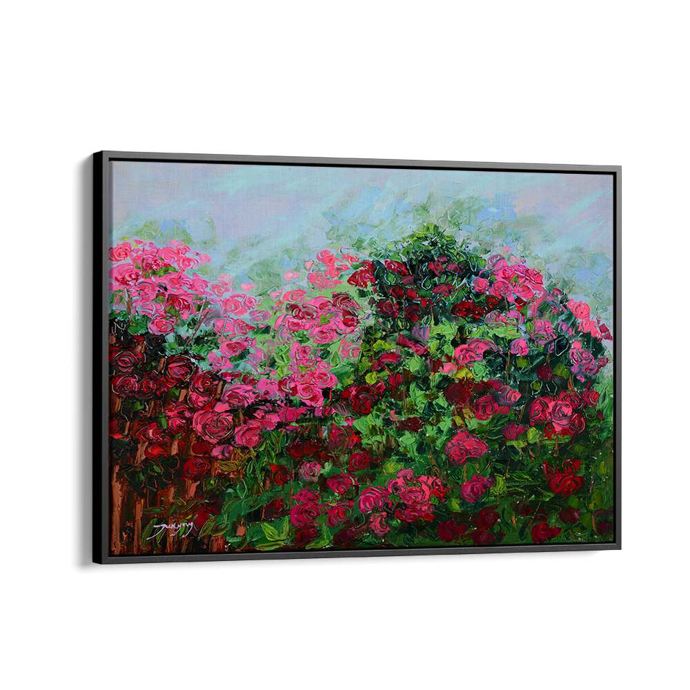 Vibrant GARDEN OF PINK, FLORAL FLOWER PAINTINGS showcasing lush pink roses against a serene backdrop. Perfect for decor!
