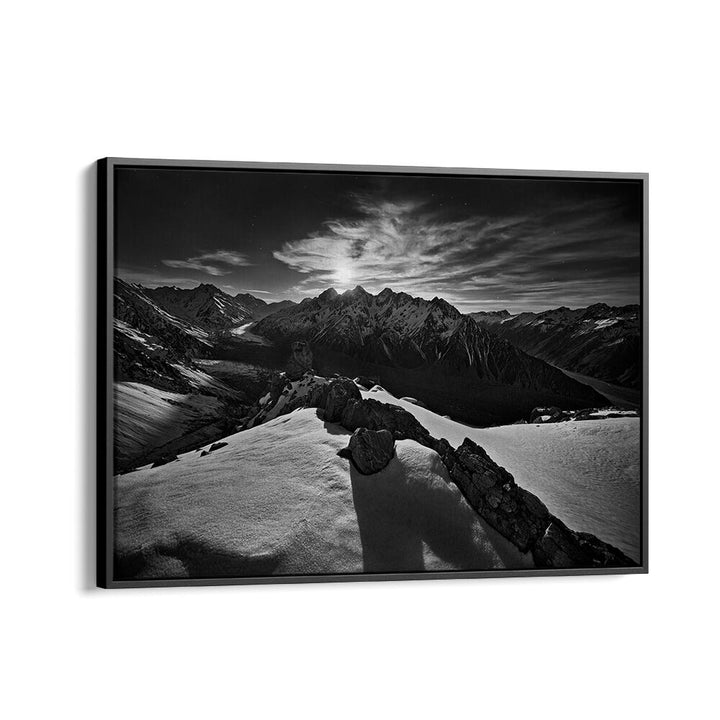 Stunning black and white landscape of moonlit Tasman Glacier, perfect for MOONLIGHT OVER TASMAN GLACIER, PHOTOGRAPHY PRINTS.