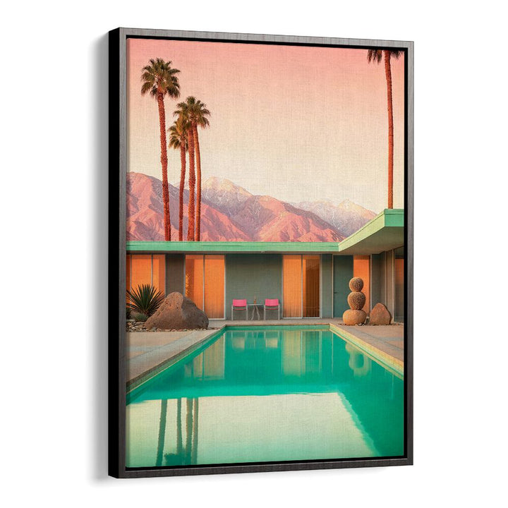 Vibrant scene of MOTEL 66 PALM SPRINGS, BEACH PAINTINGS showcasing mid-century style and tranquil pool setting.
