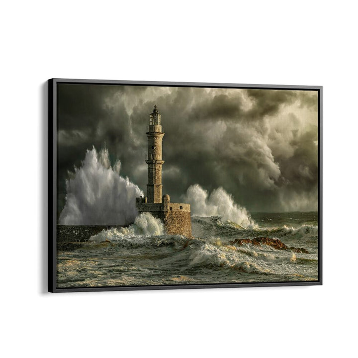 Stunning CHANIA STORM PHOTOGRAPHY PRINTS showcasing a lighthouse amidst powerful waves, perfect for nature lovers.