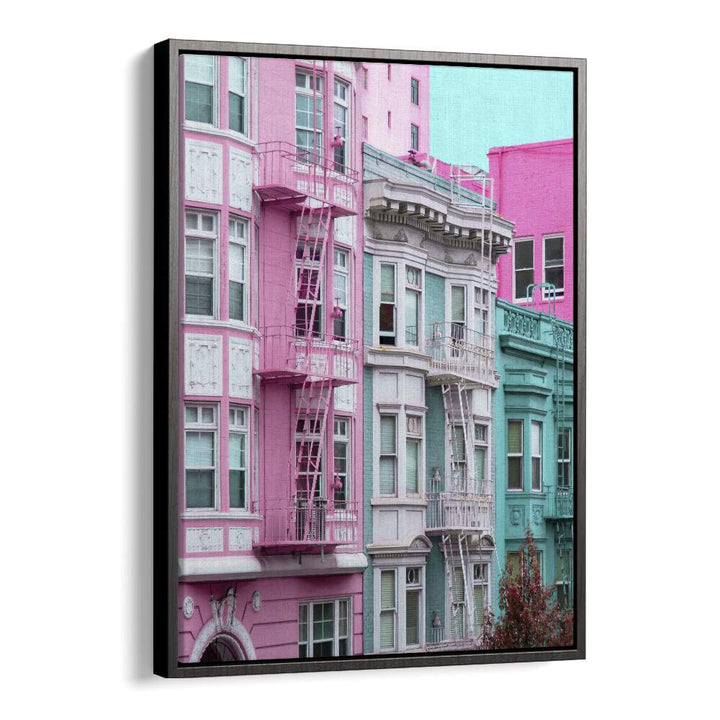 surreal painting - PINK AND BLUE ROW HOUSES IN SAN FRANCISCO by Asianmonk