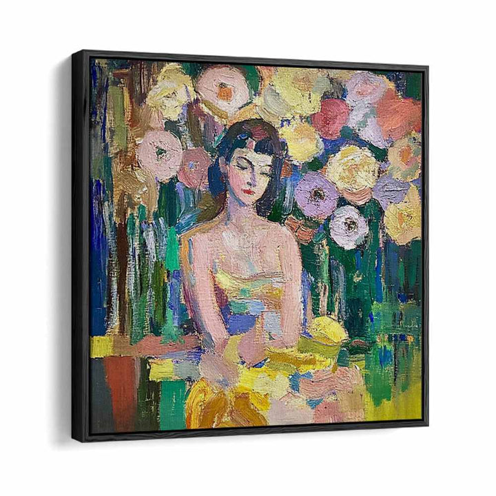 Stunning artwork 'WOMAN WITH FLOWERS' showcases femininity and elegance, perfect for home decor enthusiasts.
