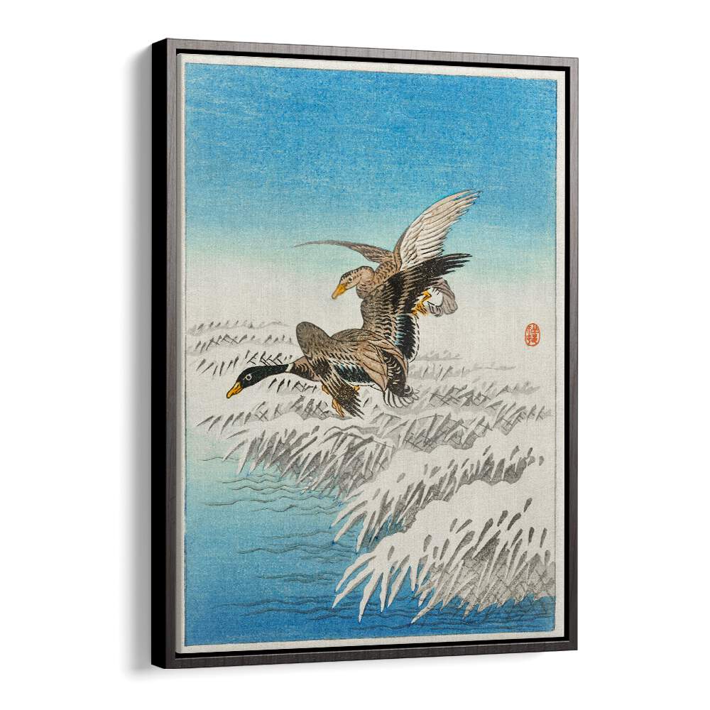 PAIR OF DUCKS FLYING OVER SNOWY REED COLLAR (1900 - 1945) , JAPANESE PAINTINGS , JAPANESE ART PRINTS