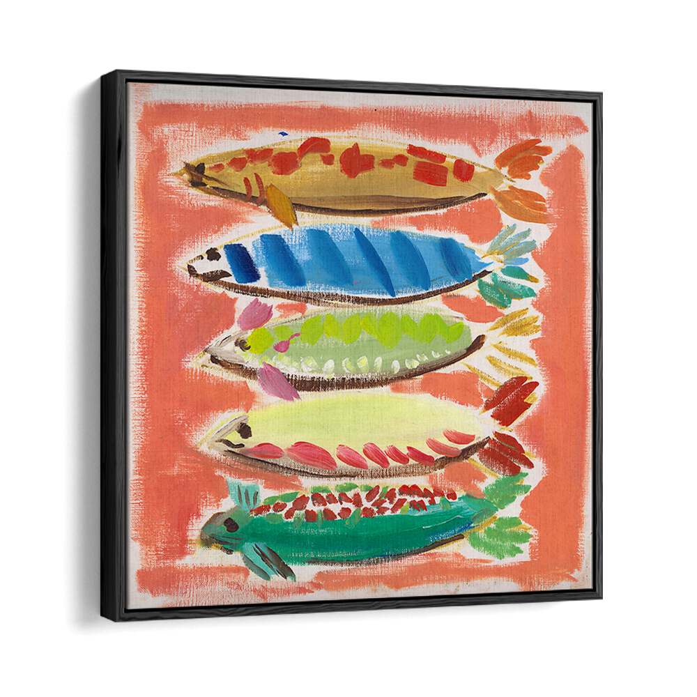 Vibrant FIVE FISH, BEACH PAINTINGS showcasing colorful fish against a lively coral background, perfect for coastal decor.