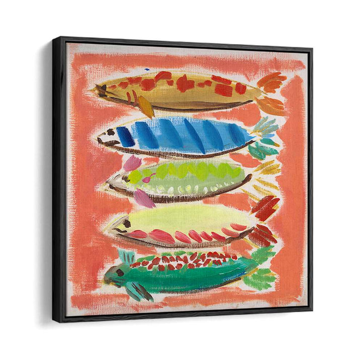Vibrant FIVE FISH, BEACH PAINTINGS showcasing colorful fish against a lively coral background, perfect for coastal decor.