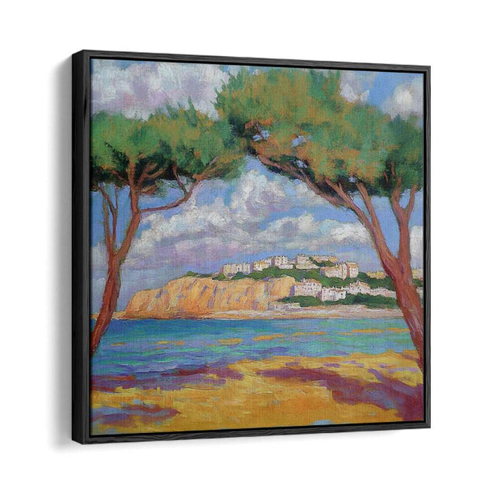 Vibrant artwork of cypress trees on the beach, capturing coastal serenity and charm in perfect detail.