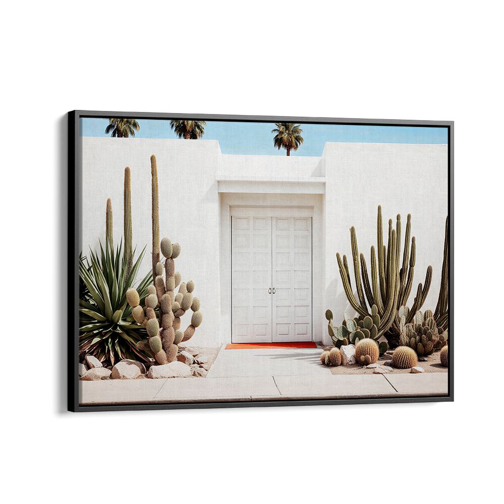 Elegant WHITE MID-CENTURY MODERN HOUSE with beach paintings and lush cacti, perfect for modern decor.