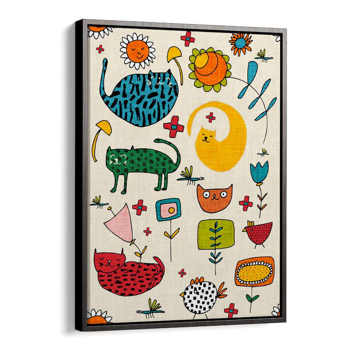 Colorful SPRING CAT BIEGE, KIDS ROOM PAINTINGS featuring playful cats and flowers, perfect for a child's room decor.