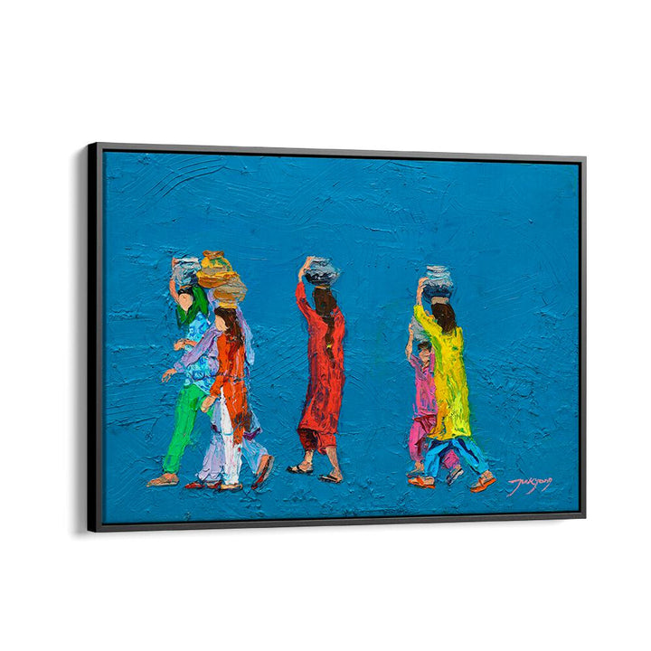 Colorful WOMEN WITH BASKETS, INDIAN ART PAINTINGS showcasing vibrant figures against a striking blue background.