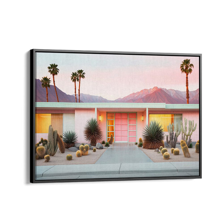 Colorful RETRO PALM SPRINGS, BEACH PAINTINGS showcase a modern desert home with palm trees and mountains in the background.