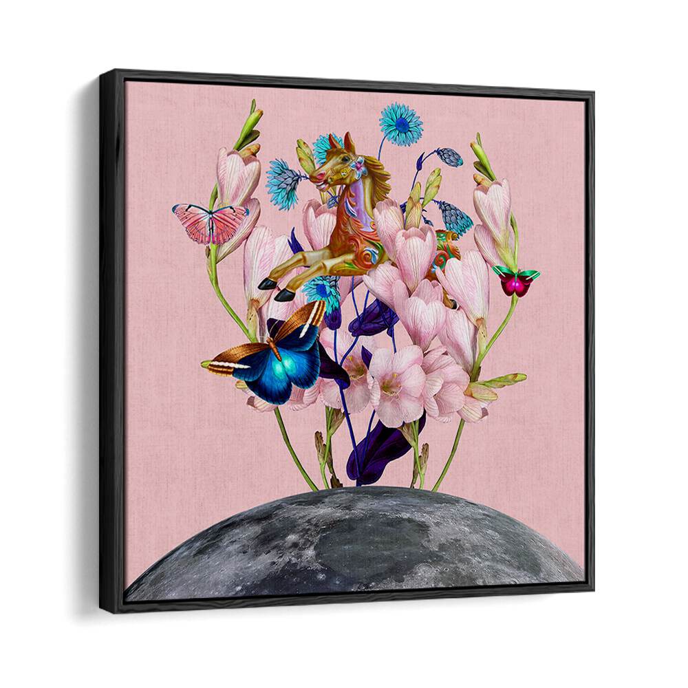 Surreal art prints featuring a flying horse over the moon, adding whimsy to your decor. Perfect for dreamers!