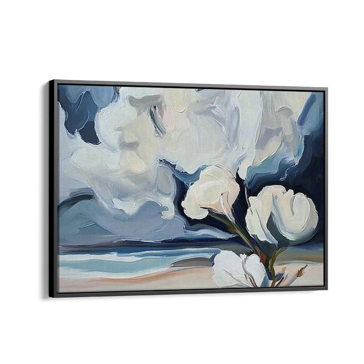 Stunning white flowers on the beach artwork, showcasing nature's beauty against a serene sandy shore.