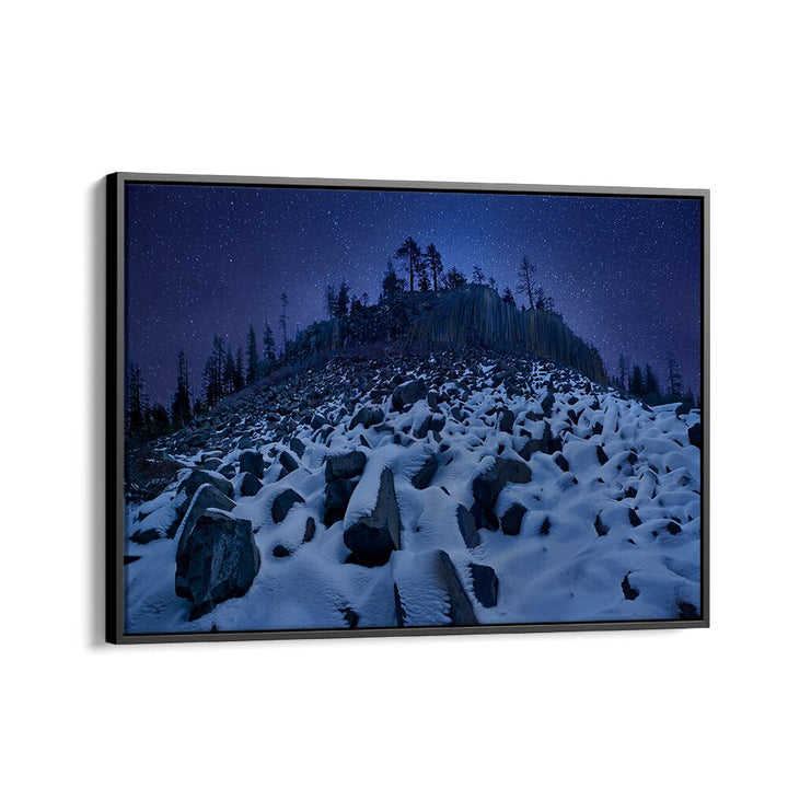 Stunning COLD MOUNTAIN DEVILS POSTPILE , PHOTOGRAPHY PRINTS showcasing a snowy landscape under a starry night sky.