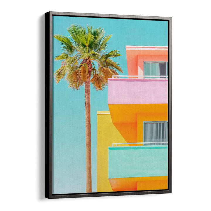 Vibrant PASTEL VENICE, BEACH PAINTINGS showcase colorful architecture and palm trees, evoking coastal charm and elegance.