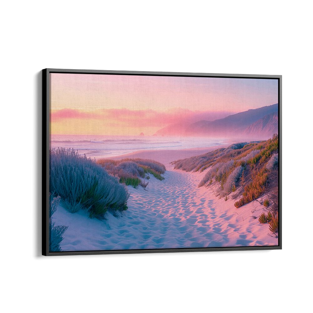 Serene sunset over sandy beach path, ideal for relaxation. Discover SUNSET SAND PATH, BEACH PAINTINGS by Philippe Hugonnard.