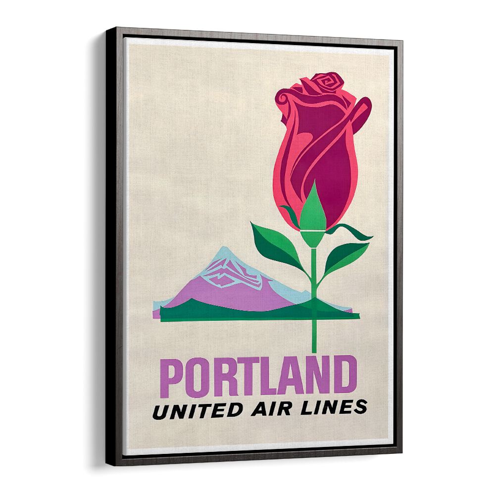 Stunning PORTLAND UNITED AIR LINES vintage travel poster featuring a rose and mountain, perfect for travel enthusiasts.
