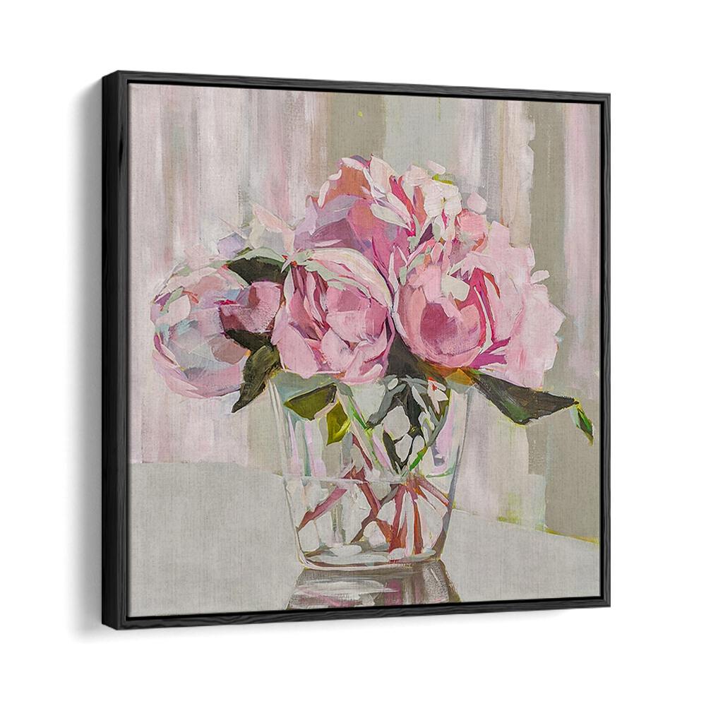Vibrant PEONIES, FLORAL FLOWER PAINTINGS in a glass vase, adding elegance to any space with contemporary charm.