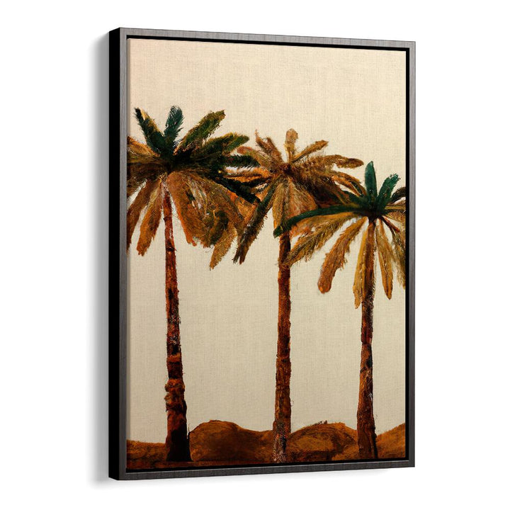 PALM TRIO , BEACH PAINTINGS featuring three textured palm trees with earthy tones, perfect for coastal home decor.