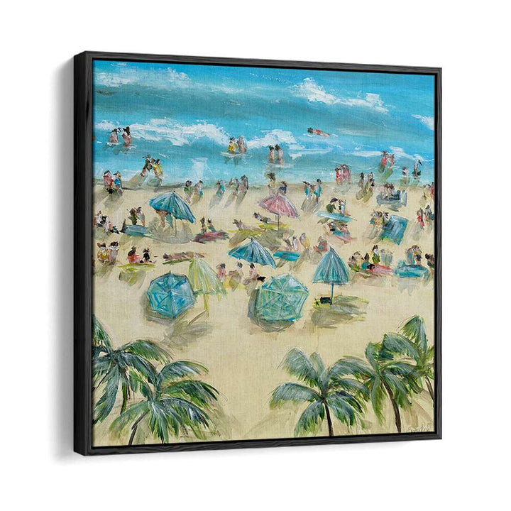 Bright and vibrant BEACHSIDE BLISS, BEACH PAINTINGS capturing a lively beach scene with umbrellas and palm trees.