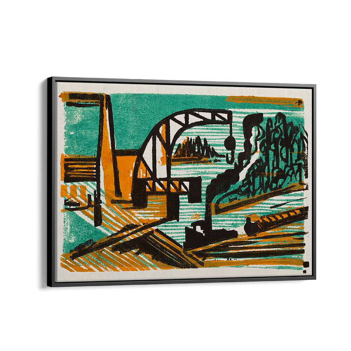 RIVER LANDSCAPE WITH CRANE AND BARGES (1927)  , VINTAGE PAINTINGS