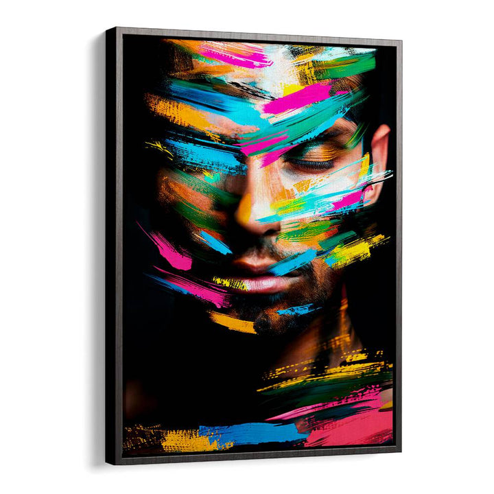 Colorful brush strokes blend with a serene face in FACELESS XI, ABSTRACT PAINTINGS by Philippe HUGONNARD.