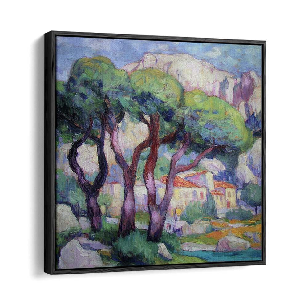 Enhance your decor with PINE TREES IN FRONT OF THE HOUSE, showcasing serene beauty and strength in nature.