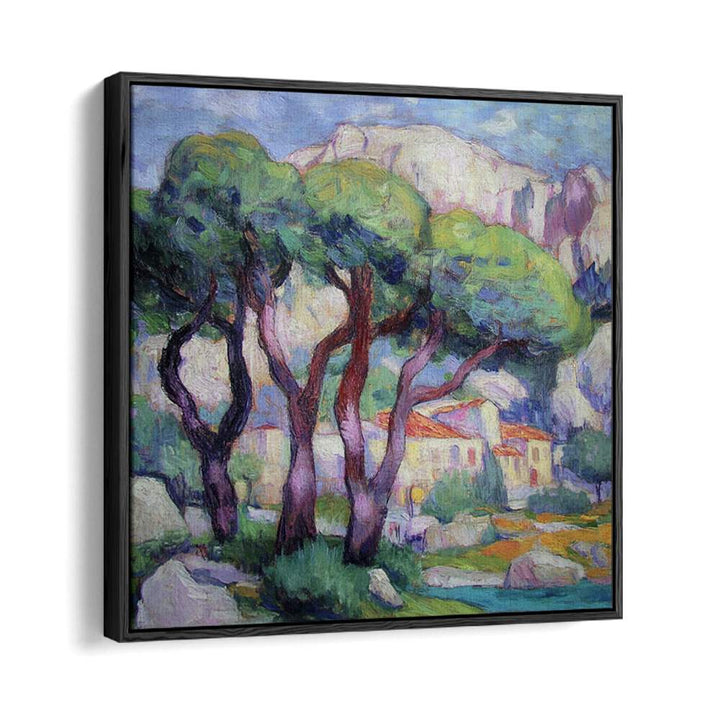 Enhance your decor with PINE TREES IN FRONT OF THE HOUSE, showcasing serene beauty and strength in nature.