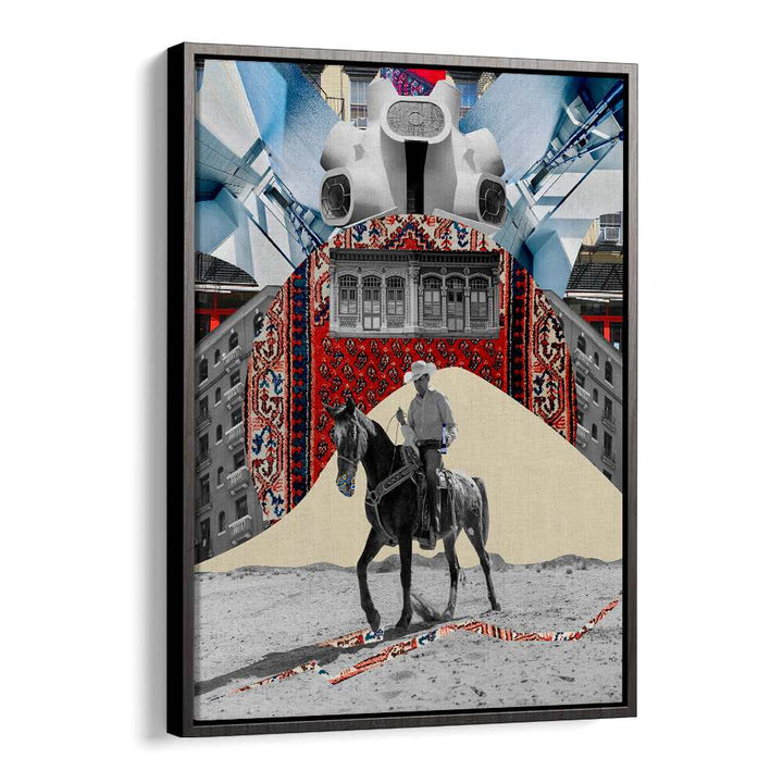 Surreal art print featuring a horseman in a vibrant, imaginative landscape. Perfect for art lovers and collectors.