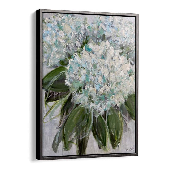 Delicate white and blue hydrangeas, floral flower paintings enhance your space with serene beauty and abstract artistry.