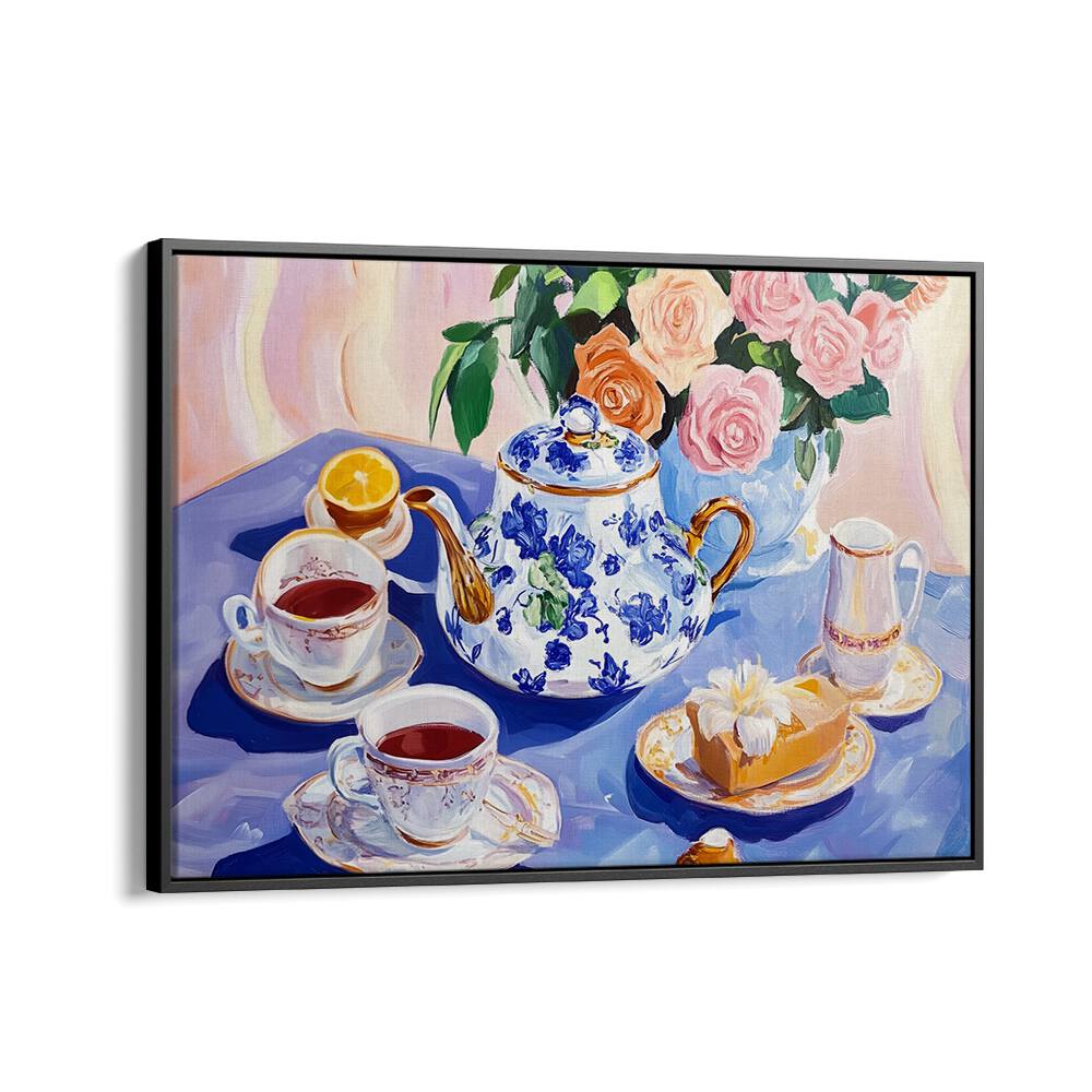 Stylish AFTERNOON TEA TABLE, KITCHEN POSTERS featuring elegant teapot, cups, and flowers, perfect for gatherings.