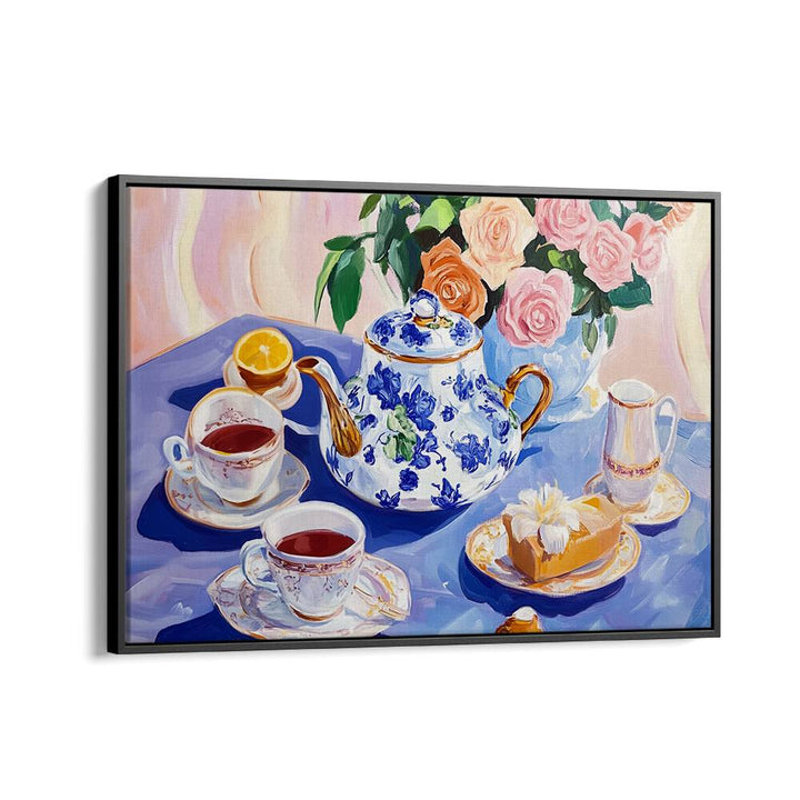 Stylish AFTERNOON TEA TABLE, KITCHEN POSTERS featuring elegant teapot, cups, and flowers, perfect for gatherings.