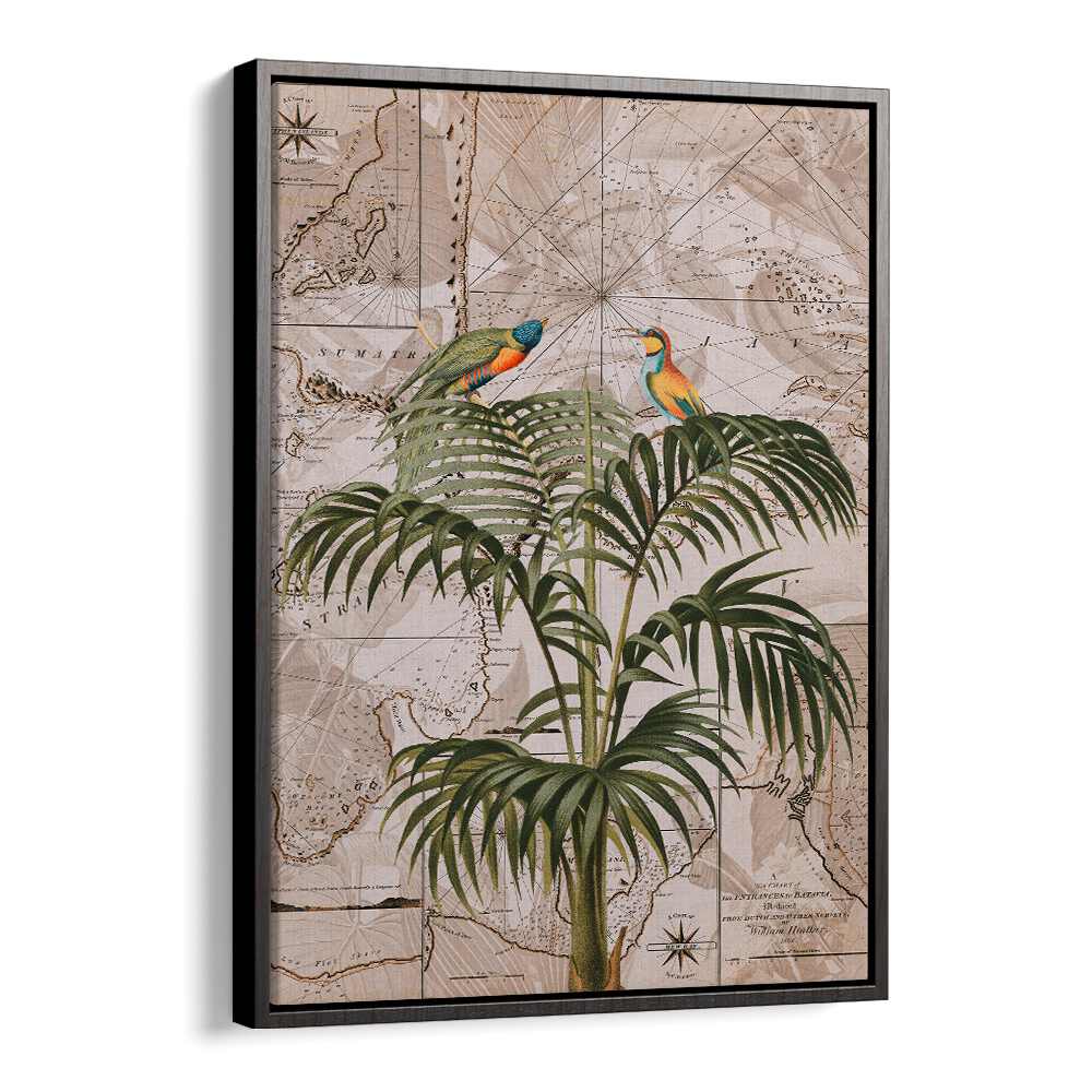 Vibrant artwork "INDONESIA JUNGLE III, ANIMAL PAINTINGS" showcases colorful birds amidst lush green foliage.