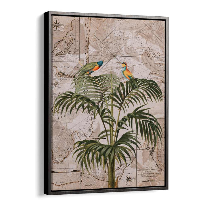 Vibrant artwork "INDONESIA JUNGLE III, ANIMAL PAINTINGS" showcases colorful birds amidst lush green foliage.