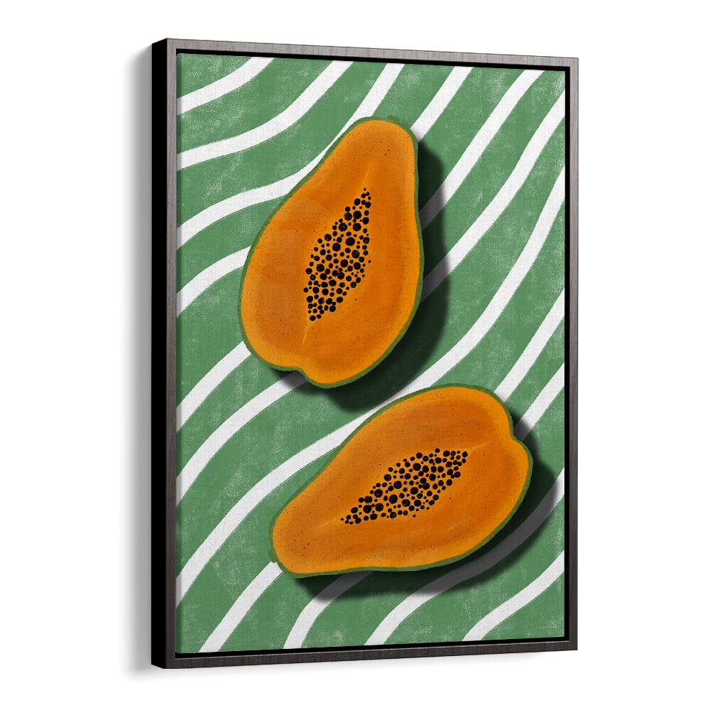 Vibrant PAPAYAS, KITCHEN POSTERS featuring sliced papayas on a green striped background, perfect for kitchen decor.
