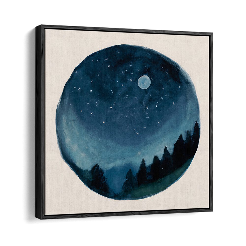 AROUND THE WORLD , KIDS ROOM PAINTINGS showing a night sky with stars and moon over forest, perfect for kids’ rooms.