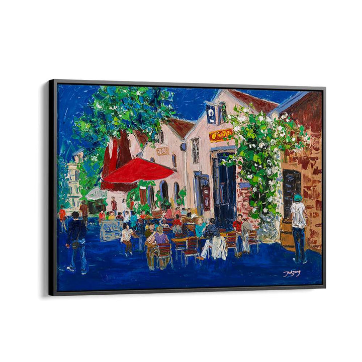 Vibrant HOLIDAY , BAR & CAFE ART showcasing lively outdoor dining scene with colorful umbrellas and patrons enjoying.