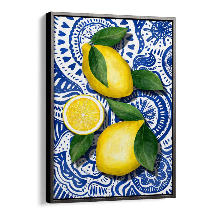 Bright LIMONES, KITCHEN POSTERS featuring vibrant lemons against a blue patterned background, perfect for kitchen decor.