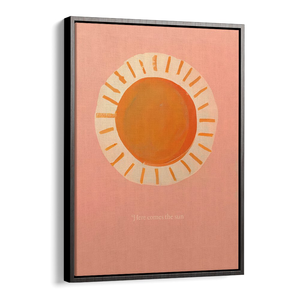 HERE COMES THE SUN , KIDS ROOM PAINTINGS featuring a bright orange sun on soft pink background by Blackfloater.
