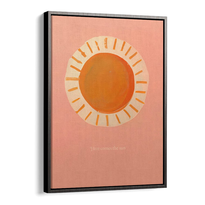 HERE COMES THE SUN , KIDS ROOM PAINTINGS featuring a bright orange sun on soft pink background by Blackfloater.