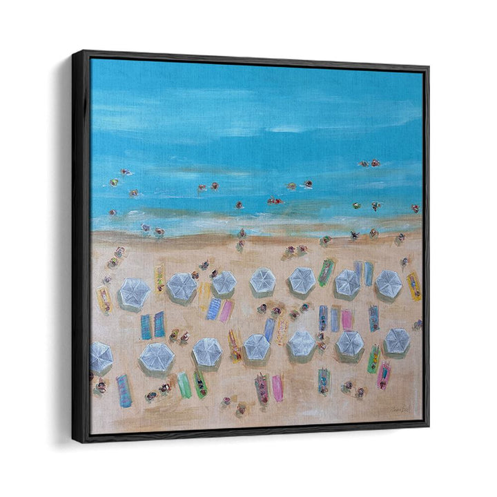 BIRDSEYE WHITE UMBRELLAS, BEACH PAINTINGS showcase vibrant beach scenes, perfect for a coastal-inspired home decor.