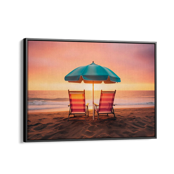 Relaxing beach scene featuring colorful chairs and an umbrella under a vibrant sky, perfect for SUMMER SUNSET, BEACH PAINTINGS.