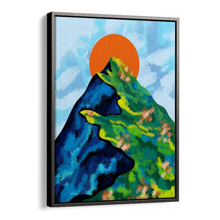 Colorful BRIGHT HORIZON, LANDSCAPE PAINTINGS featuring vibrant mountains and a bold sun, perfect for modern décor.