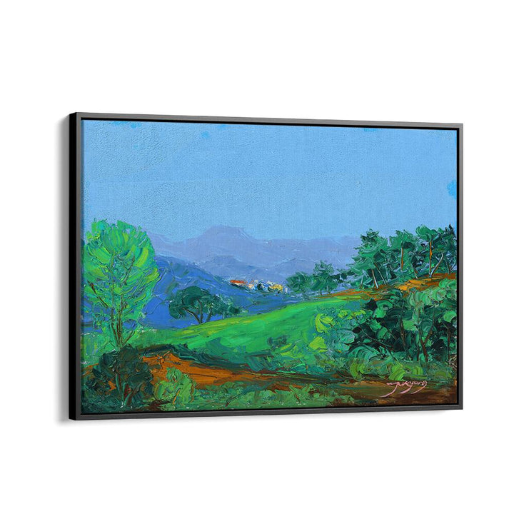 Vibrant GREEN HILLSIDE, LANDSCAPE PAINTINGS showcasing lush greenery and a serene blue sky. Perfect decor for any space.