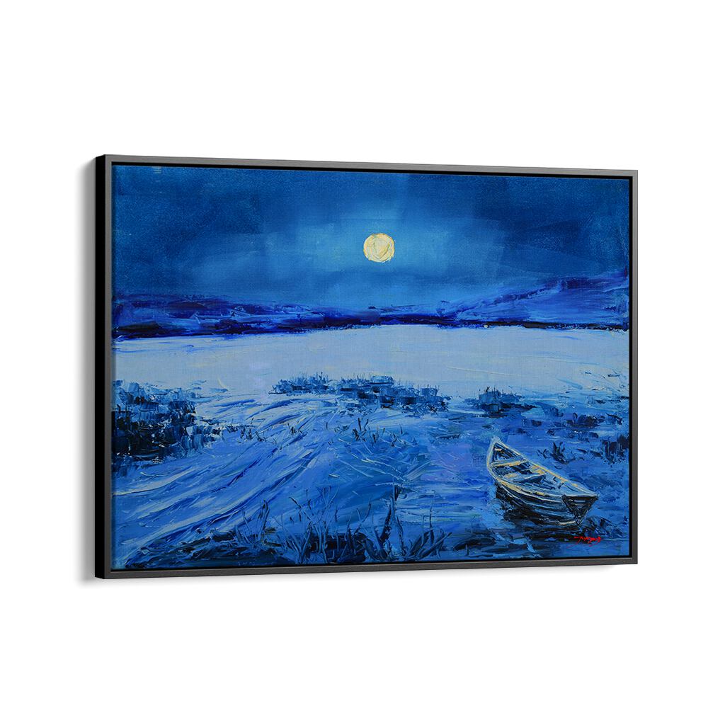Serene FULL MOON , LANDSCAPE PAINTINGS featuring a tranquil river and boat under a bright full moon.
