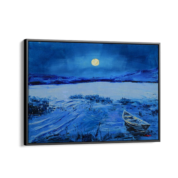 Serene FULL MOON , LANDSCAPE PAINTINGS featuring a tranquil river and boat under a bright full moon.