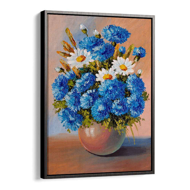 Blue and White Petals Vintage European Paintings in Black Floater Frame