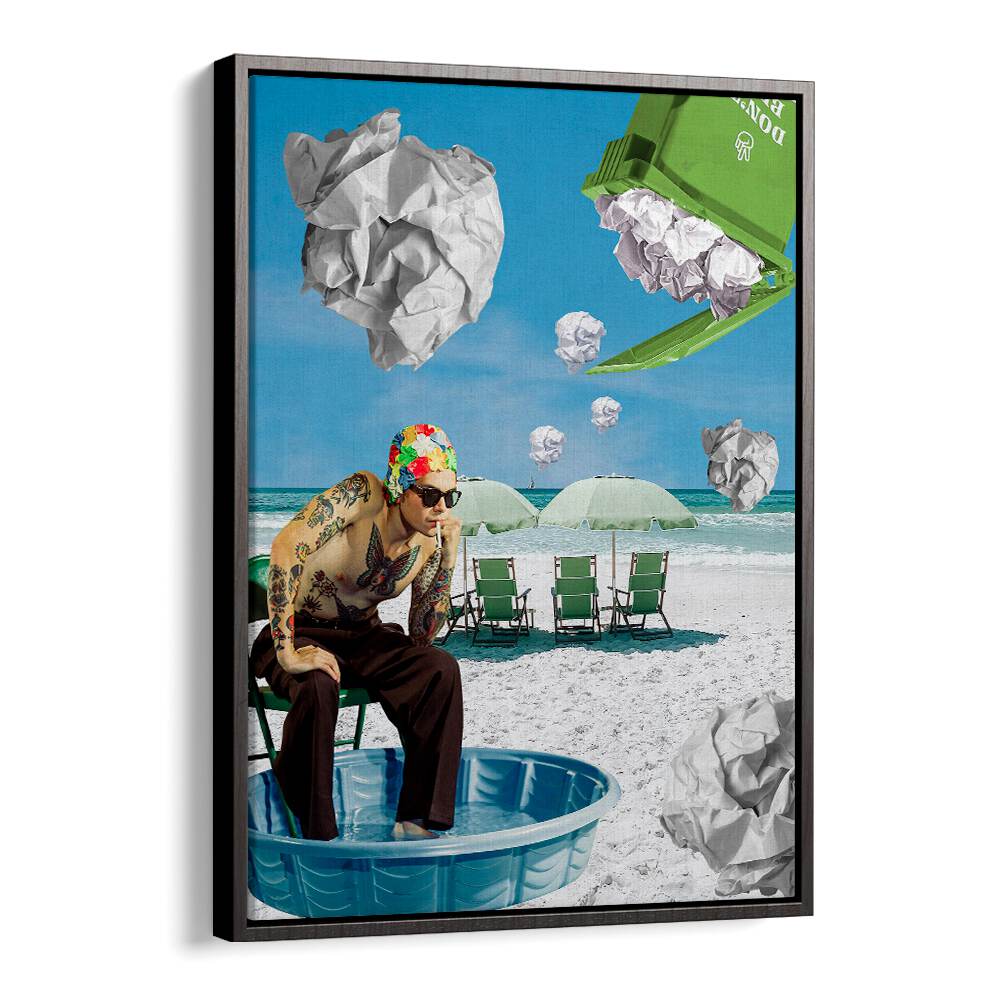 Surreal art print featuring PAPER BEACH, blending beach vibes with whimsical elements for unique decor. Perfect for your space!