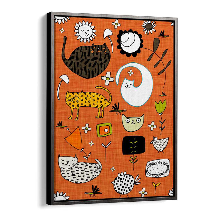 Vibrant SPRING CAT ORANGE, KIDS ROOM PAINTINGS featuring playful cats and flowers, perfect for brightening kids' spaces.