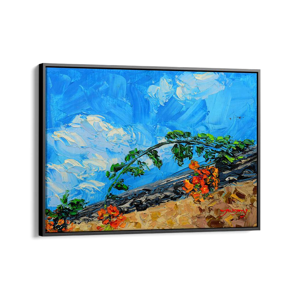 Vibrant JACARANDA CANVAS, FLORAL FLOWER PAINTINGS showcasing colorful flowers against a bright blue sky.