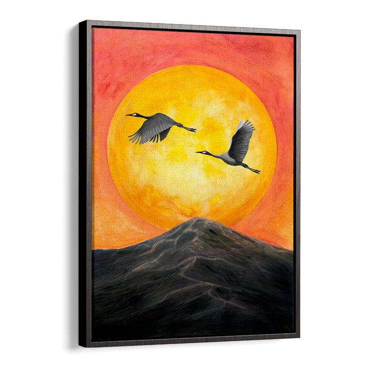 Stunning ON OUR WAY, LANDSCAPE PAINTINGS with cranes flying near a vibrant sunset over mountains. Perfect wall decor!